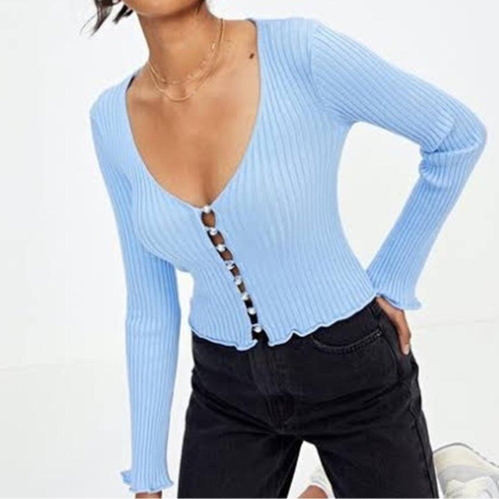 Glassons Light Blue Ribbed Button-Up Top